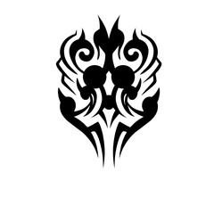 Intricate black tribal design featuring swirling patterns and sharp edges on a white background