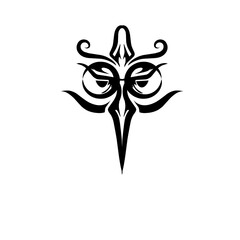 Abstract tribal mask design featuring intricate patterns and symmetrical shapes in black and white