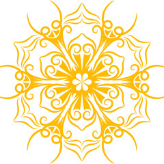 Intricate yellow floral design featuring swirling patterns and symmetrical shapes on a white background