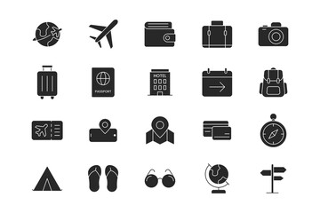 Solid Travel Icon Pack – 20 silhouette Style Tourism and Vacation Icons