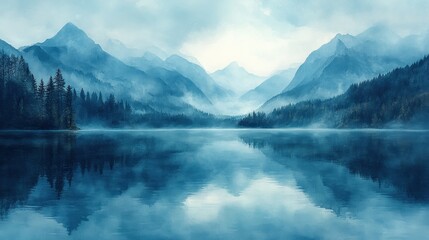Misty lake reflects serene mountains