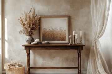 Elegant setup on walnut console table with mockup frame candle holders and dried flowers