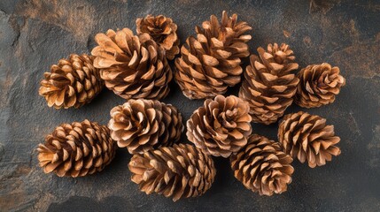 A collection of dried pine cones on a dark stone surface.