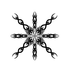 Intricate black tribal design resembling a snowflake with swirling patterns on a white background