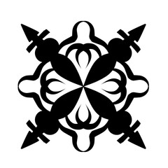 Abstract black and white pattern featuring symmetrical shapes and arrows, ideal for graphic design use