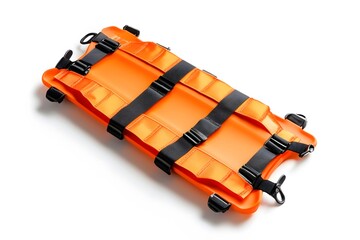 Orange spine board with black straps for patient transportation in emergency situations