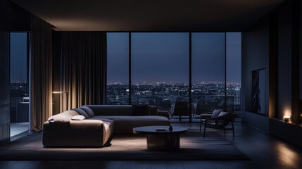 Modern living room with city view at night, serene ambiance
