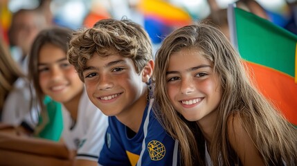 Obraz premium Smiling children, likely at a ceremony or event, with flags in the background
