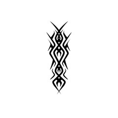 Intricate tribal tattoo design featuring symmetrical patterns and sharp lines on a white background