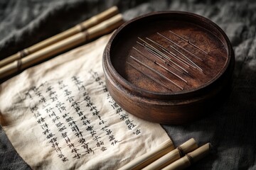Antique wooden box holds acupuncture needles beside aged scroll