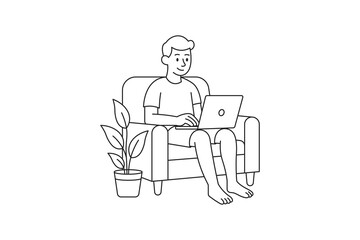 Outline Illustration of a Man Working on Laptop While Sitting on Sofa with Indoor Plant – Minimalist Home Office Concept