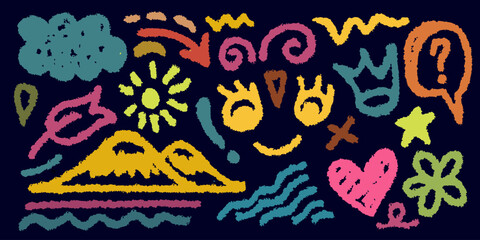 Collection of hand drawn colorful charcoal doodle shapes and squiggles in childish grunge style. Pencil drawings isolated on blue. Crown, stars, flower, heart and doodle elements.