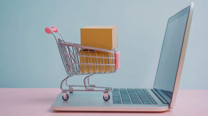 Shopping cart with a small box on a laptop keyboard, isolated on a white background