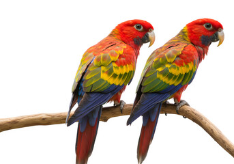 Obraz premium Vivid red, yellow, blue parrots resting on curved branch, feathers lush and details incredibly sharp, isolated on a transparent background.