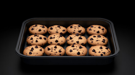 Soft cookies neatly arranged in a black tray, featuring a delicious display