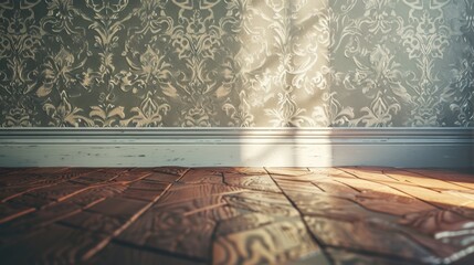 Wall with Floral Wallpaper, Baseboard, and Hardwood Floor