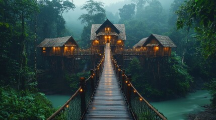 Fototapeta premium Misty rainforest treehouses, illuminated walkway