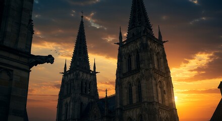 Obraz premium Gothic Cathedral Sunset Silhouette: A Majestic Architectural Marvel at Golden Hour