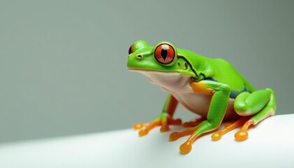 Obraz premium Green tree frog perched on white, vibrant skin, legs, frog, green frog