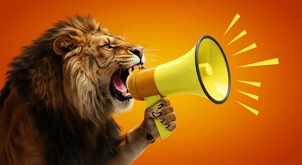 Roaring lion with megaphone on orange background for announcement