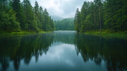 Obraz premium Serene lake surrounded by misty forest
