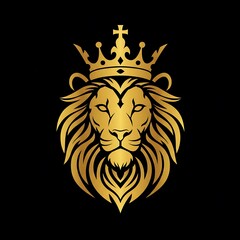 Obraz premium Golden lion head wearing a crown on a solid dark colored backdrop