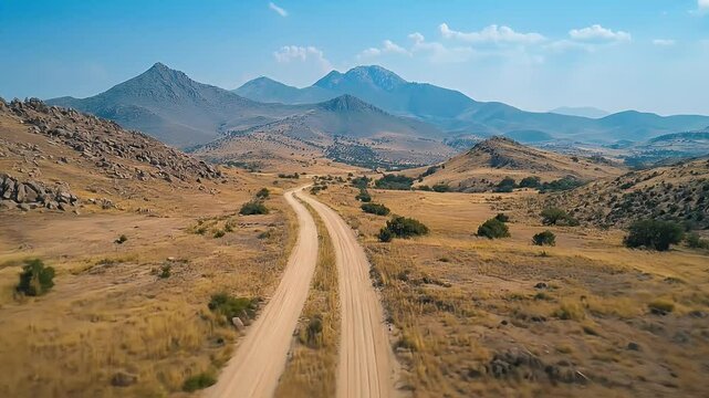Dirt Road Winding Through Rocky Terrain in Sunny Hampi India With Mountains and Yellow Grass Fields Under Blue Sky With White Clouds