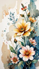 the image is an artistic portrayal of a cluster of flowers in a watercolor style. the blooms are in shades of yellow, orange, and red with the largest one being yellow and dominating the composition