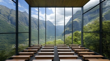 Modern chapel with panoramic mountain views