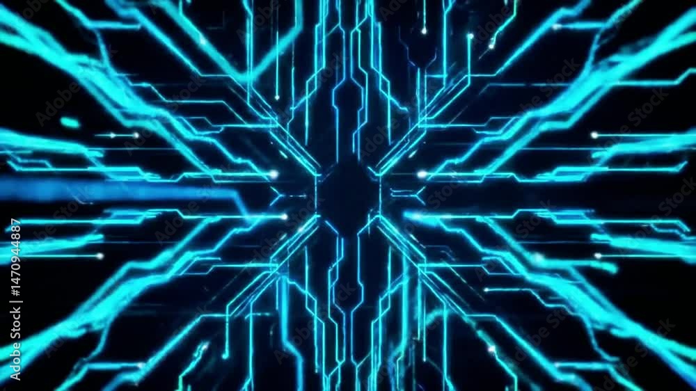 Poster electric blue circuit board animation with glowing lines and central hexagon