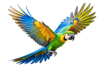 Obraz premium a flying parrot with blue and green feathers isolated on white background PNG , AI GENERATED 