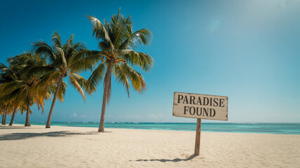 "Tropical beach landscape with palm trees, turquoise ocean, clear blue sky, empty sand shore, horizontal layout, copy space, commercial use, clean and vibrant"

