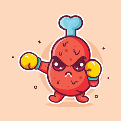 angry chicken thigh food character mascot playing boxing sport isolated cartoon