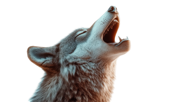 Howling Wolf in the Spotlight: An image captures a captivating grey wolf mid-howl against a stark backdrop. This image evokes a sense of wilderness, freedom.