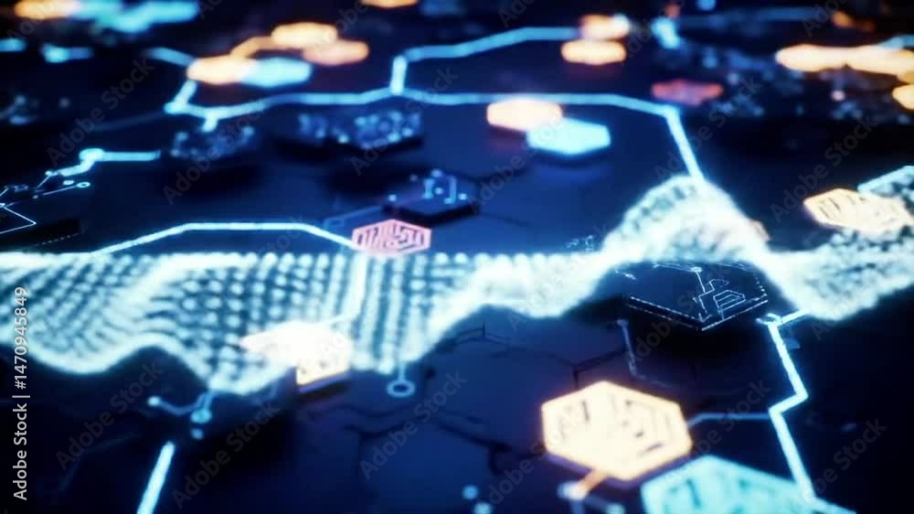 Poster abstract digital waveform across hexagonal network