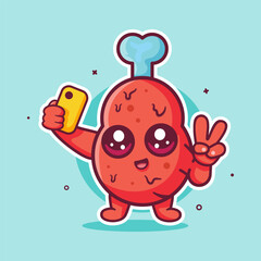 happy chicken thigh food character mascot taking a selfie with a smartphone isolated cartoon 