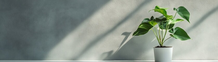 Single potted plant on a white surface against a minimalist gray wall sharp focus and soft shadows creating a clean and modern aesthetic