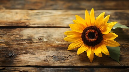 Single sunflower lying on a rustic wooden table warm side lighting enhancing the vibrant yellow petals and the texture of the wood creating a cozy rustic feel