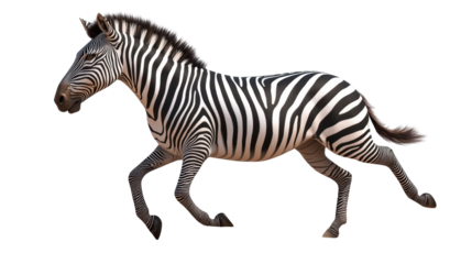 Zebra on the Run: A striking zebra strides dynamically across the frame, showcasing its iconic black and white striped coat in a display of agile movement.