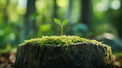 Small plant sprouting from the center of a mosscovered tree stump in a lush forest closeup shot with a shallow depth of field highlighting new life in nature