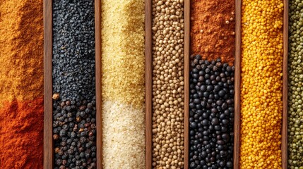 Vibrant Assortment of Spices and Grains in Wooden Trays