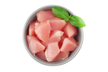 top view Raw diced chicken fillet in ceramic bowl isolated