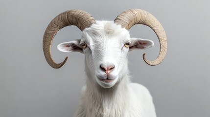Studio portrait of a white goat with curled horns against a gray background sharp focus on its expressive face and soft fur simple and clean composition