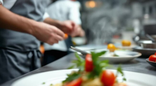 Chef delicately garnishing pasta dish with cherry tomatoes and herbs