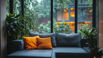 Cozy living room with rain view