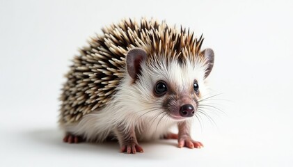Close-up of a hedgehog, white backdrop Focus on spines , pet, texture