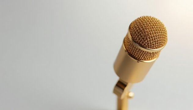 Close-up shot of a single gold microphone isolated on white , luxury, single