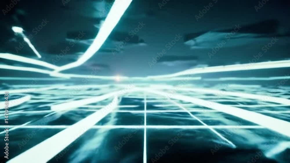 Poster futuristic grid highway: cyan light trails across digital terrain