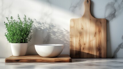 Modern home decor scene with a green plant in a white pot, a white speckled bowl on a wooden cutting board, and a large wooden chopping board against a marble background, illuminated by soft sunlight.
