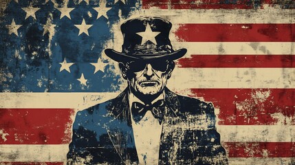 Vintage American Patriotism: Uncle Sam Silhouette on Distressed Flag
